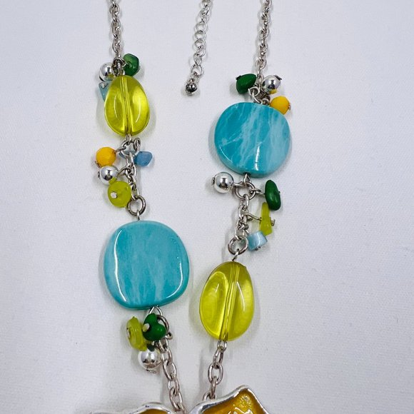 Golden Yellow & Turquoise Enameled Flower Pendant 16” Silver Toned Necklace - Picture 5 of 7